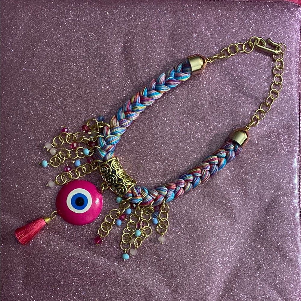 Pink Multicolor Braided Evil Eye Statement Necklace